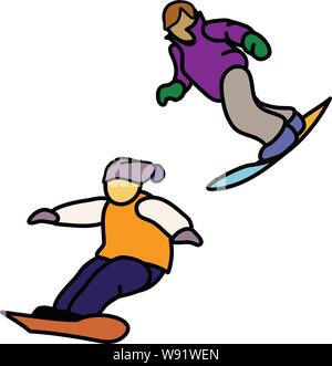 Snowboard cartoon Zeichen in die andere rechts in eine schwarze Linie Grafik flachen Farbe von Links Stock Vektor