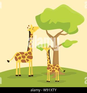 Giraffe Mutter lehre Baby Giraffe essen Blatt am Baum Vektor illustration Stock Vektor