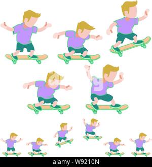 Skateboarding springen Animation mit einem kleinen blonden Skateboarder in Shorts Stock Vektor