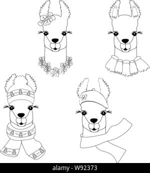 Cute llama in verschiedenen Stilen. Süße schwarz-weiß Lama zum Färben, kindliche Drucken für Gewebe, T-Shirt, Karte. Vektor. Stock Vektor