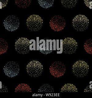 Abstrakte Sekt orange, gold und blau gepunkteten Kreise auf schwarzem Hintergrund. Nahtlose geometrischer Vektor Muster für Herbst - Produkte Stock Vektor
