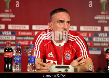 Franck Ribery von Germanys Bayern München spricht auf einer Pressekonferenz während der 2013 FIFA Klub-WM in Agadir, Marokko, am 15. Dezember 2013. Bayer Stockfoto