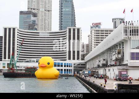 Die riesigen schwimmenden Rubber Duck von niederländischen Künstler Florentijn Hofmans am Hafen Stadt in Hongkong, China, 2. Mai 2013 angezeigt wird. Eine riesige gelbe Ich Stockfoto