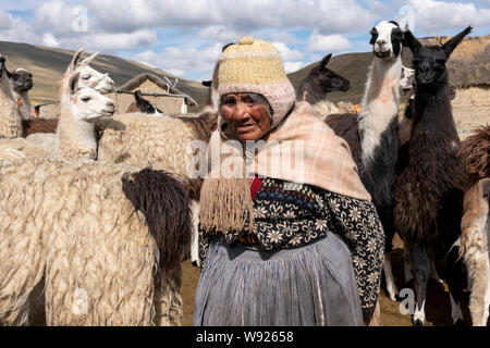 Alte Frau in der Cordillera Real, Bolivien Stockfoto