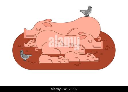 Schwein Familie im Schlamm. Schweine in schmutzigen Pfütze Stock Vektor