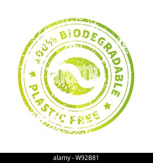 Biologisch abbaubare Symbol, leuchtend grün Kunststoff freie runde Symbol mit Blättern und grunge Textur isoliert auf weißem Stock Vektor