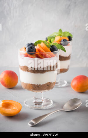 Aprikose Kleinigkeit, Schokolade, Biskuit, mehrschichtige Desserts mit frischen Beeren und sanften Frischkäse auf grauem Hintergrund. Selektive konzentrieren. Vertikale erschossen. Stockfoto