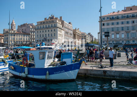 Fisch Verkäufer im Old Port, Marseille, Frankreich Stockfoto