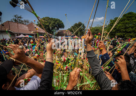 Yogyakarta, Indonesien. 12 Aug, 2019. Indonesische drängeln für die 'Gunungan', ein Modell von einem Berg aus klebrigem Reis, Süßigkeiten, verschiedene Lebensmittel, Obst und Gemüse aus Kraton Palace während Grebeg Ritual als Teil der Feiern zum Eid al-Adha, hat keine bestimmte Zeitdauer an kauman Große Moschee in Yogyakarta. Muslime auf der ganzen Welt feiern das Eid al-Adha, hat keine bestimmte Zeitdauer oder Festival der Opfer, der das Ende der jährlichen Haj Pilgrimage markiert. (Foto durch Rizqullah Hamiid Saputra/Pacific Press) Quelle: Pacific Press Agency/Alamy leben Nachrichten Stockfoto