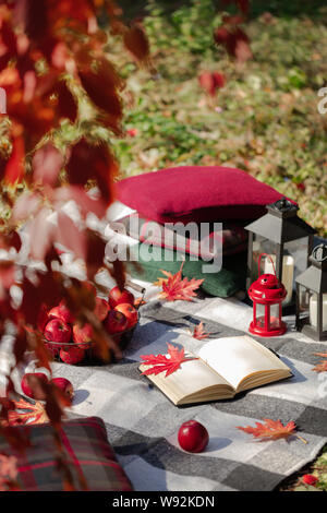 Herbst warme Tage. Indian Summer. Picknick im Garten - Decke und Kissen von Grau, Burgund und Grün Farbe auf dem Hintergrund der Blätter im Herbst. Sele Stockfoto