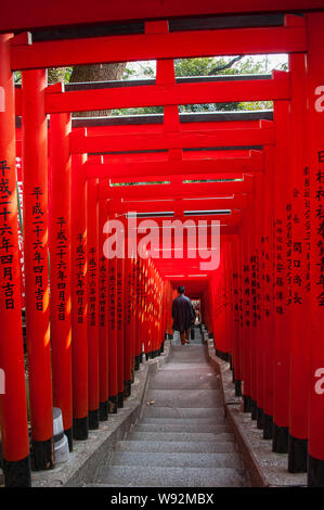 Männliche Person gehen, Schritte in einem Tunnel der roten hölzernen Tore an der Hie-Jinja Schrein, Nagatacho, Tokio Stockfoto