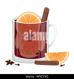 Rote Glühwein in eine Schale mit Orangenscheiben, Zimt, Nelken und ein Whirlpool. Winter alkoholische Getränk. Vector Illustration. Stock Vektor