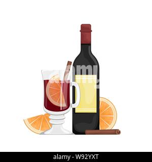 Rote Glühwein in eine Schale mit Orangenscheiben und Gewürzen. Winter alkoholische Getränk. Vektor flachbild Abbildung mit einer Flasche Wein, Glühwein in einem Glas. Stock Vektor