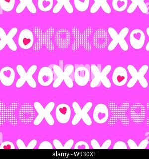 Flach- und Halbtoneinstellungen XOXO Valentinstag Typografie Vektor nahtlose Muster. Streifen Herzen und Worte. Liebe. XOXO. Umarmungen und Küsse. Cute Graffity. Rosa Stock Vektor