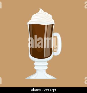 Kakao mit Schlagsahne in einem Glas Becher auf dem Schaft. Vektor flachbild Abbildung. Stock Vektor