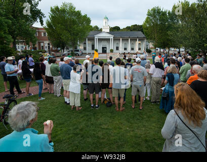 Lexington, MA, USA. 11 Aug, 2019. Genug, über 100 Lexington Bewohner besucht eine Mahnwache zu Waffengewalt Ende nach US-Masse Gewehr schießen. Stockfoto