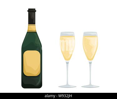 Zwei Gläser weiß Sekt und eine Flasche. Ordnungsgemäße Verwendung von Wein. Zubehör für Wein trinken. Stock Vektor