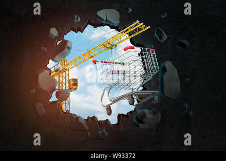 3D-Rendering von Bau kran und Warenkorb brechen schwarze Wand Stockfoto