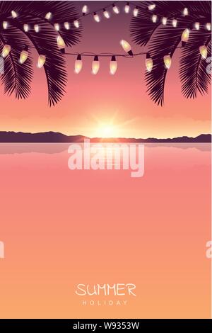 Sommerurlaub design Meer bei Sonnenuntergang mit Märchen Licht und Palmen Vektor-illustration EPS 10. Stock Vektor