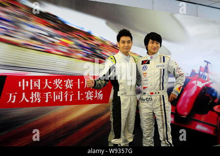 Chinesische Schriftsteller und Racer Han Han, rechts, taiwanesische Sängerin, Schauspielerin und Racer Jimmy Lin darstellen, während einer Feier zum 10jährigen Jubiläum des F1-Chin Stockfoto