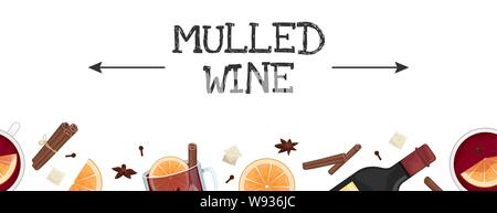 Rote Glühwein in einem Topf mit Orangenscheiben, Zimt, Nelken und ein Eimer. Weißer Becher Glühwein. Flach. Flache nahtlose Vektor Illustration. Stock Vektor