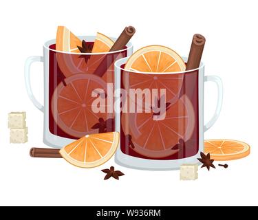 Rote Glühwein in eine Schale mit Orangenscheiben, Zimt, Nelken und ein Whirlpool. Winter alkoholische Getränk. Vector Illustration. Stock Vektor