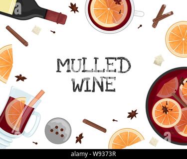 Rote Glühwein in einem Topf mit Orangenscheiben, Zimt, Nelken und ein Eimer. Weißer Becher Glühwein. Flach. Flache Vector Illustration mit einem Ort Stock Vektor