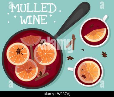 Rote Glühwein in einem Topf mit Orangenscheiben, Zimt, Nelken und ein Eimer. Zwei weiße Tassen Glühwein. Flach. Flache Vector Illustration. Stock Vektor