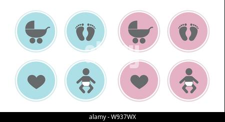 Blau und Rosa von baby Symbole Füße Stellfläche Herz und Kinderwagen Vector EPS Abbildung 10 Stock Vektor