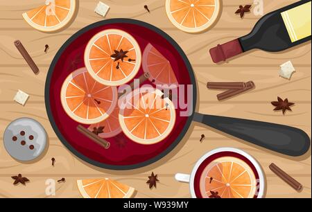 Rote Glühwein in einem Topf mit Orangenscheiben, Zimt, Nelken und ein Eimer. Weißer Becher Glühwein. Flach. Flache Vector Illustration. Stock Vektor