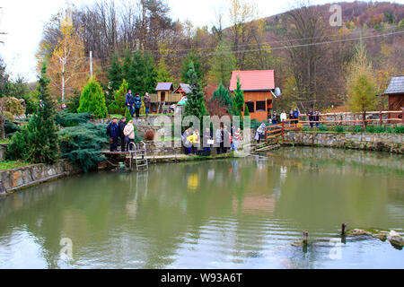 Man Forellen fangen von brennnessel im Teich. Die Fischzucht. Menschen beobachten Menschen, Fische zu fangen. Private Forellenzucht. Neugierige Touristen fotografieren Forelle Cau Stockfoto