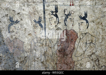 Details zu ein Fresko in der Kammer von einem wandbild Grab des nördlichen Qi Dynastie (550-577 AD), der in Shuozhou Stadt ausgegraben wurde gesehen, in der Basis Stockfoto