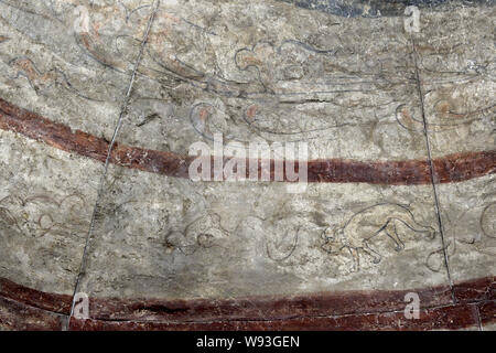 Details zu ein Fresko in der Kammer von einem wandbild Grab des nördlichen Qi Dynastie (550-577 AD), der in Shuozhou Stadt ausgegraben wurde gesehen, in der Basis Stockfoto