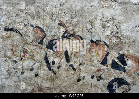 Details zu ein Fresko in der Kammer von einem wandbild Grab des nördlichen Qi Dynastie (550-577 AD), der in Shuozhou Stadt ausgegraben wurde gesehen, in der Basis Stockfoto