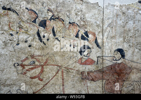Details zu ein Fresko in der Kammer von einem wandbild Grab des nördlichen Qi Dynastie (550-577 AD), der in Shuozhou Stadt ausgegraben wurde gesehen, in der Basis Stockfoto