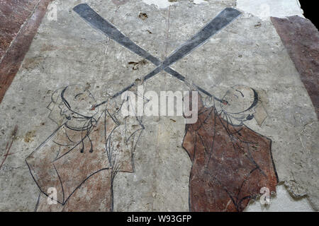 Details zu ein Fresko in der Kammer von einem wandbild Grab des nördlichen Qi Dynastie (550-577 AD), der in Shuozhou Stadt ausgegraben wurde gesehen, in der Basis Stockfoto