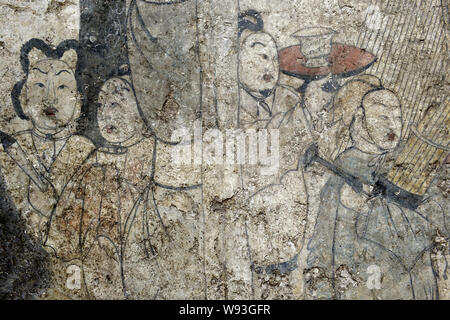 Details zu ein Fresko in der Kammer von einem wandbild Grab des nördlichen Qi Dynastie (550-577 AD), der in Shuozhou Stadt ausgegraben wurde gesehen, in der Basis Stockfoto