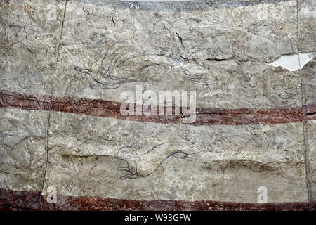 Details zu ein Fresko in der Kammer von einem wandbild Grab des nördlichen Qi Dynastie (550-577 AD), der in Shuozhou Stadt ausgegraben wurde gesehen, in der Basis Stockfoto