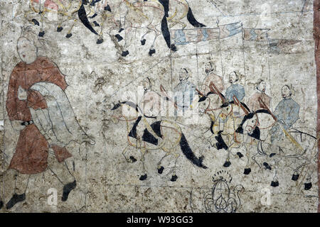 Details zu ein Fresko in der Kammer von einem wandbild Grab des nördlichen Qi Dynastie (550-577 AD), der in Shuozhou Stadt ausgegraben wurde gesehen, in der Basis Stockfoto