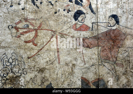 Details zu ein Fresko in der Kammer von einem wandbild Grab des nördlichen Qi Dynastie (550-577 AD), der in Shuozhou Stadt ausgegraben wurde gesehen, in der Basis Stockfoto
