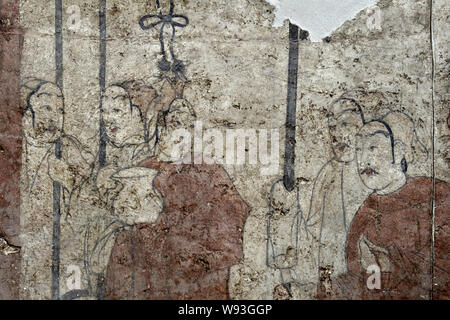 Details zu ein Fresko in der Kammer von einem wandbild Grab des nördlichen Qi Dynastie (550-577 AD), der in Shuozhou Stadt ausgegraben wurde gesehen, in der Basis Stockfoto