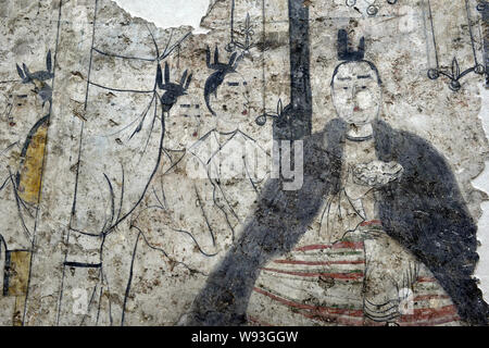 Details zu ein Fresko in der Kammer von einem wandbild Grab des nördlichen Qi Dynastie (550-577 AD), der in Shuozhou Stadt ausgegraben wurde gesehen, in der Basis Stockfoto