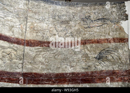 Details zu ein Fresko in der Kammer von einem wandbild Grab des nördlichen Qi Dynastie (550-577 AD), der in Shuozhou Stadt ausgegraben wurde gesehen, in der Basis Stockfoto