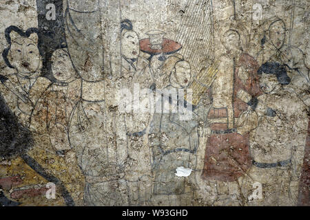 Details zu ein Fresko in der Kammer von einem wandbild Grab des nördlichen Qi Dynastie (550-577 AD), der in Shuozhou Stadt ausgegraben wurde gesehen, in der Basis Stockfoto