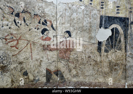 Details zu ein Fresko in der Kammer von einem wandbild Grab des nördlichen Qi Dynastie (550-577 AD), der in Shuozhou Stadt ausgegraben wurde gesehen, in der Basis Stockfoto