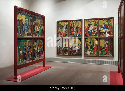 Altarbild "die Kindheit und Passion Christi' von 1480 datiert von der deutschen Renaissance Maler Martin Schongauer aus der Dominikanerkirche in Colmar, nun im Unterlinden Museum (Musée Unterlinden in Colmar, Elsass, Frankreich. Stockfoto