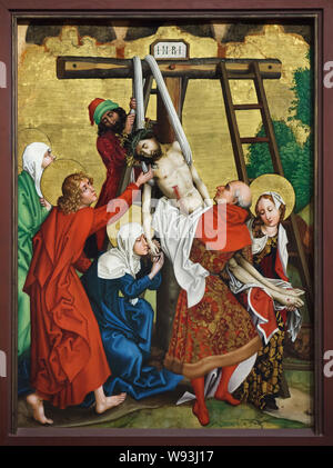 Vom Kreuz Abfahrt. Detail der Altarbild "die Kindheit und Passion Christi' von 1480 der deutschen Renaissance Maler Martin Schongauer aus der Dominikanischen Kirche datiert in Colmar, nun im Unterlinden Museum (Musée Unterlinden in Colmar, Elsass, Frankreich. Stockfoto