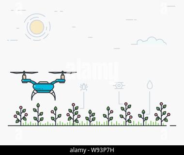 Moderne digitale smart Farm. Quadcopter fliegen über das Feld. Drone Landwirt Banner. Flat Style line moderne Vector Illustration für die Landwirtschaft. Vegetabl Stock Vektor