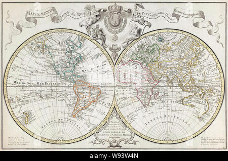 Weltkarte. Eine niederländische Ausgabe von Guillaume De L'Doppel Hemisphäre Karte der Insel der Welt zuerst in Paris im Jahre 1720 veröffentlicht. Es verfügt über markierte Routen der großen Entdecker. Diese Ausgabe stammt aus der zweiten Hälfte des 18. Jahrhunderts enthält neue geographische Kenntnisse, zum Zeitpunkt der ursprünglichen Veröffentlichung nicht bekannt. Stockfoto