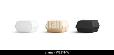 Leeren schwarzen, Handwerk und White Box burger Mockup, isoliert, 3D-Rendering. Leere Mittagessen mit nuggets Mock up, Vorderansicht. Klar Karton verpackt für Lieferung Vorlage nehmen. Stockfoto